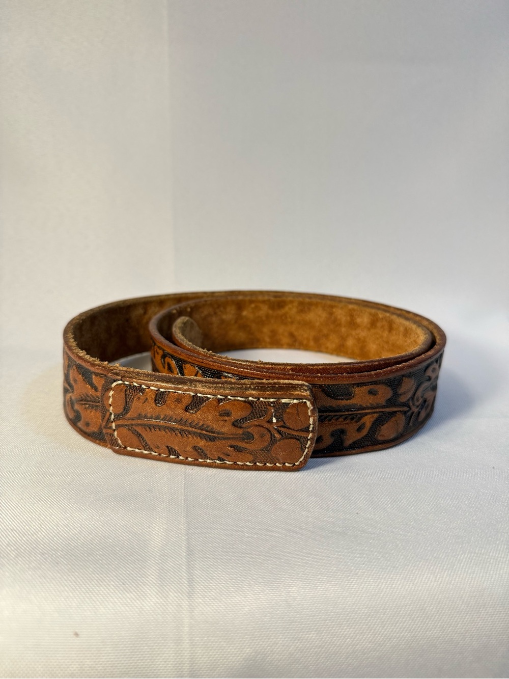 Tooled Leather Women's Brown Belt with Floral Accent